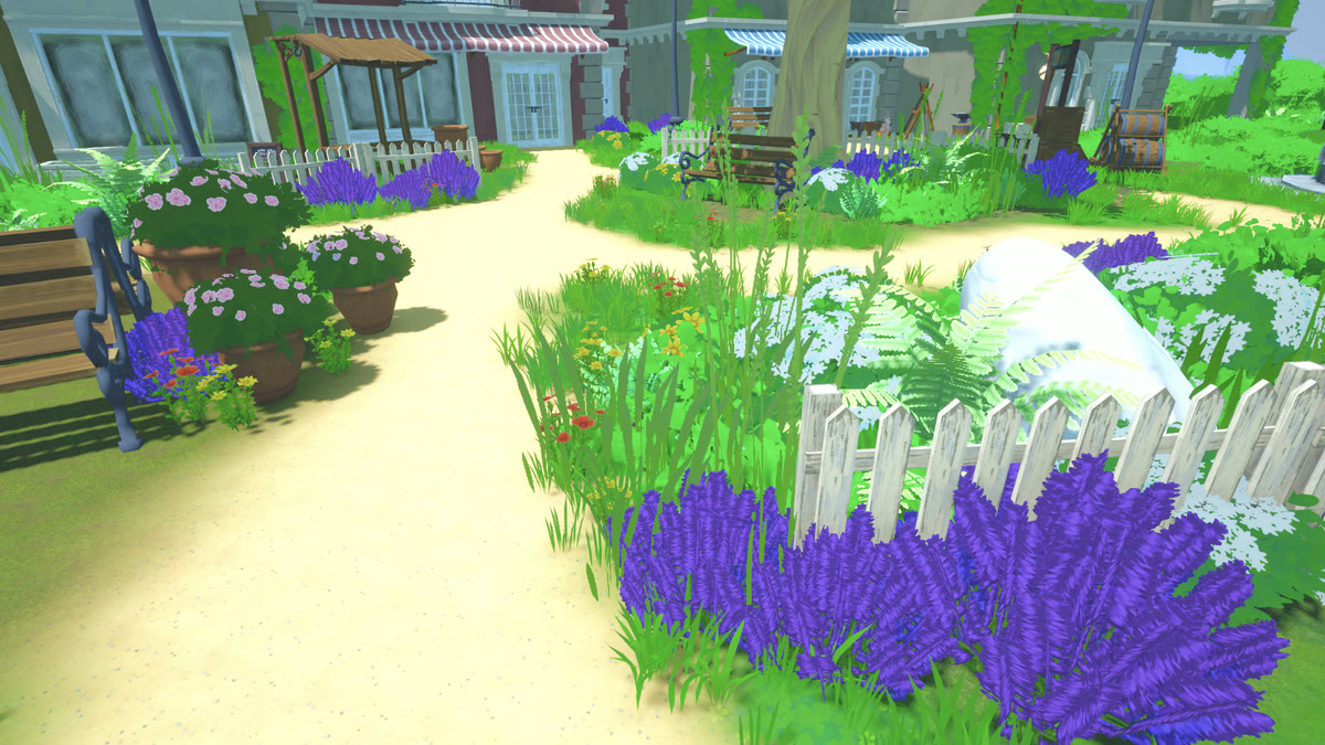 The same corner later: the pots are full, lavender and pink and yellow flowers crowd the path, the planting has thickened.