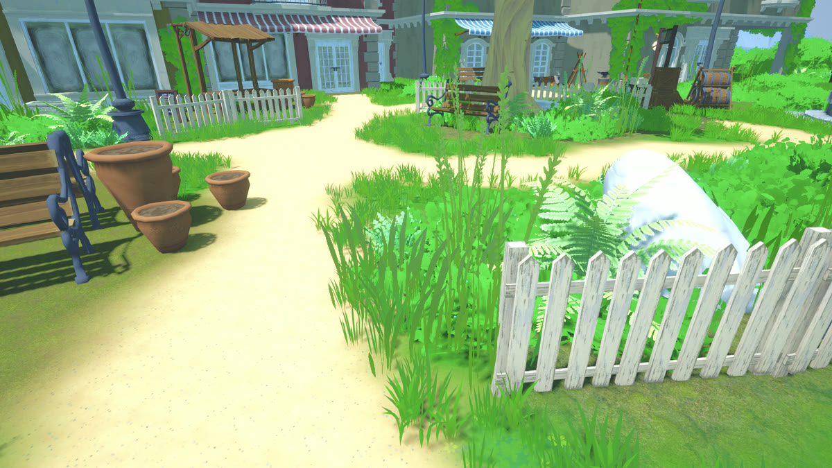 A corner of the garden early on: empty clay pots, plain grass, a leaning picket fence.